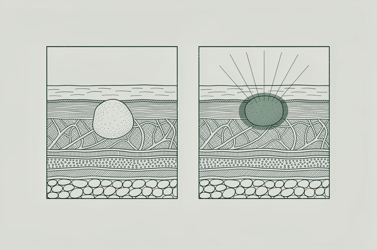 Deux coupes de peau comparées, l’une avec un dépôt profond invisible, l’autre avec un dépôt superficiel qui diffuse la lumière et crée un reflet bleuté