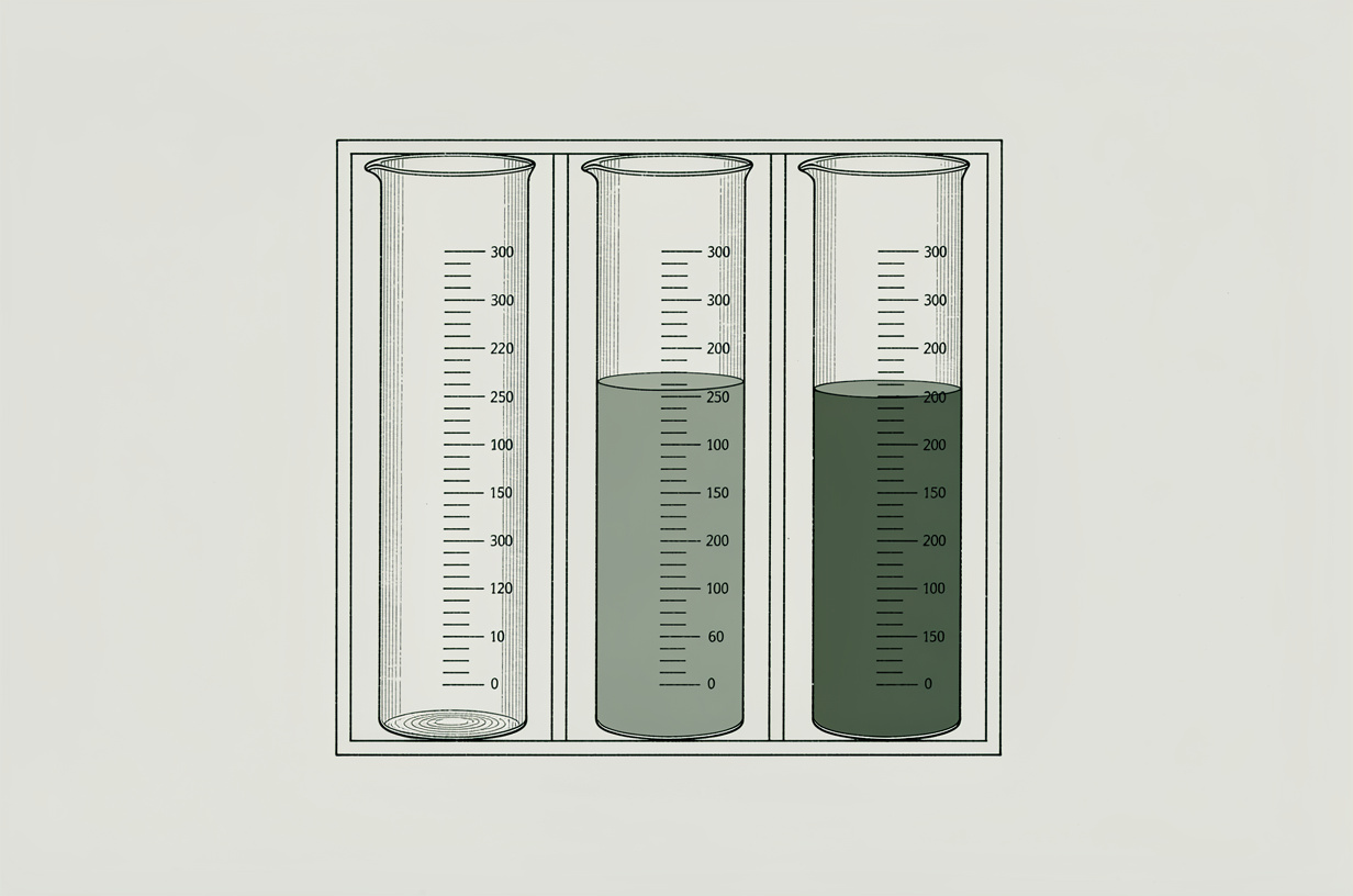 Planche technique de trois mesures graduées de laboratoire remplies à des niveaux différents, illustrant que l’acide hyaluronique se facture au volume injecté