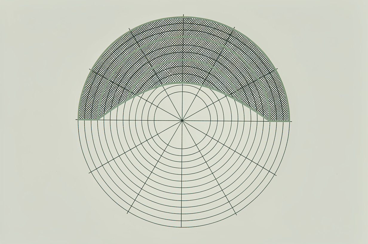 Relevé technique de champ visuel en anneaux concentriques dont le secteur supérieur est occulté par des hachures denses