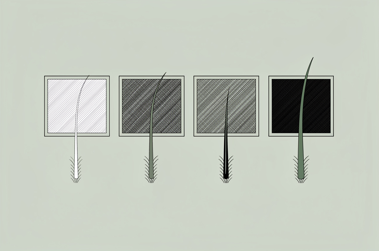 Échelle des six phototypes de peau, avec la finesse et la couleur du poil correspondantes