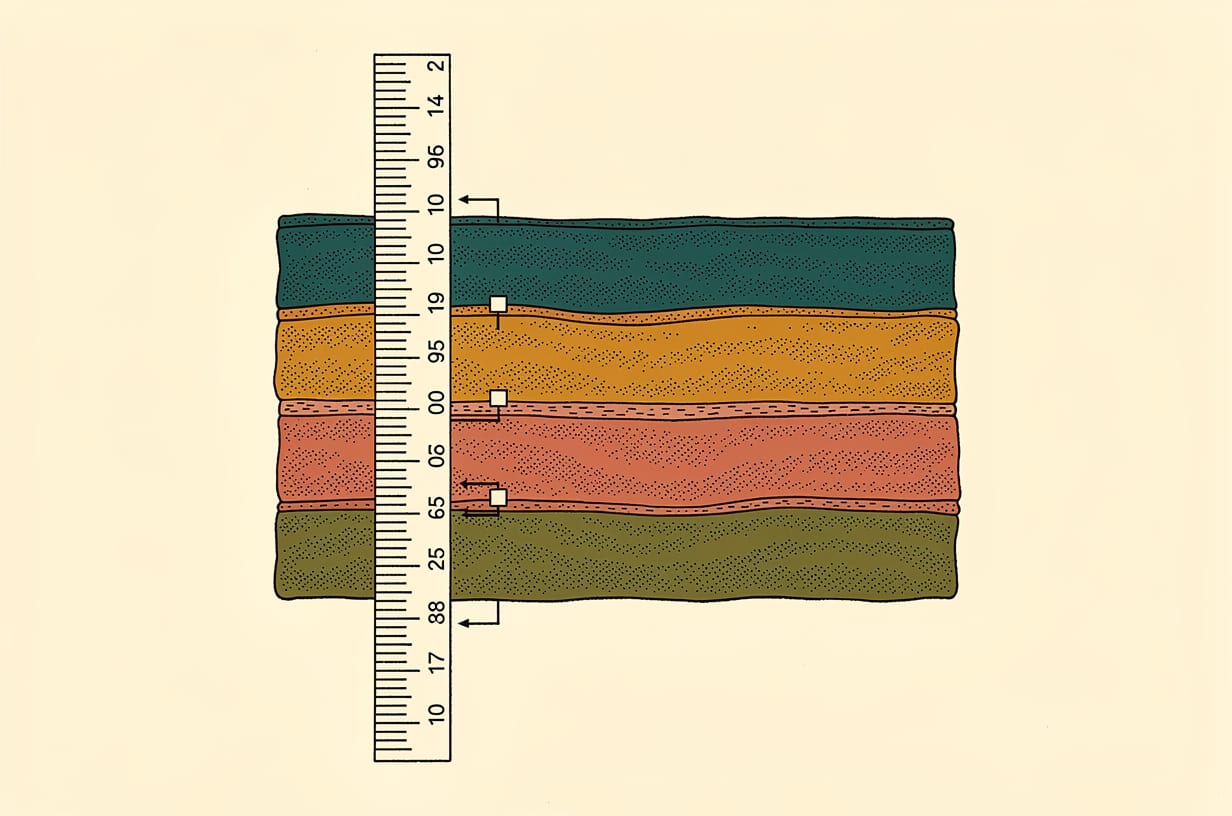 Échelle de profondeur technique en regard de trois strates de tissu d'épaisseurs inégales, chacune marquée par un repère
