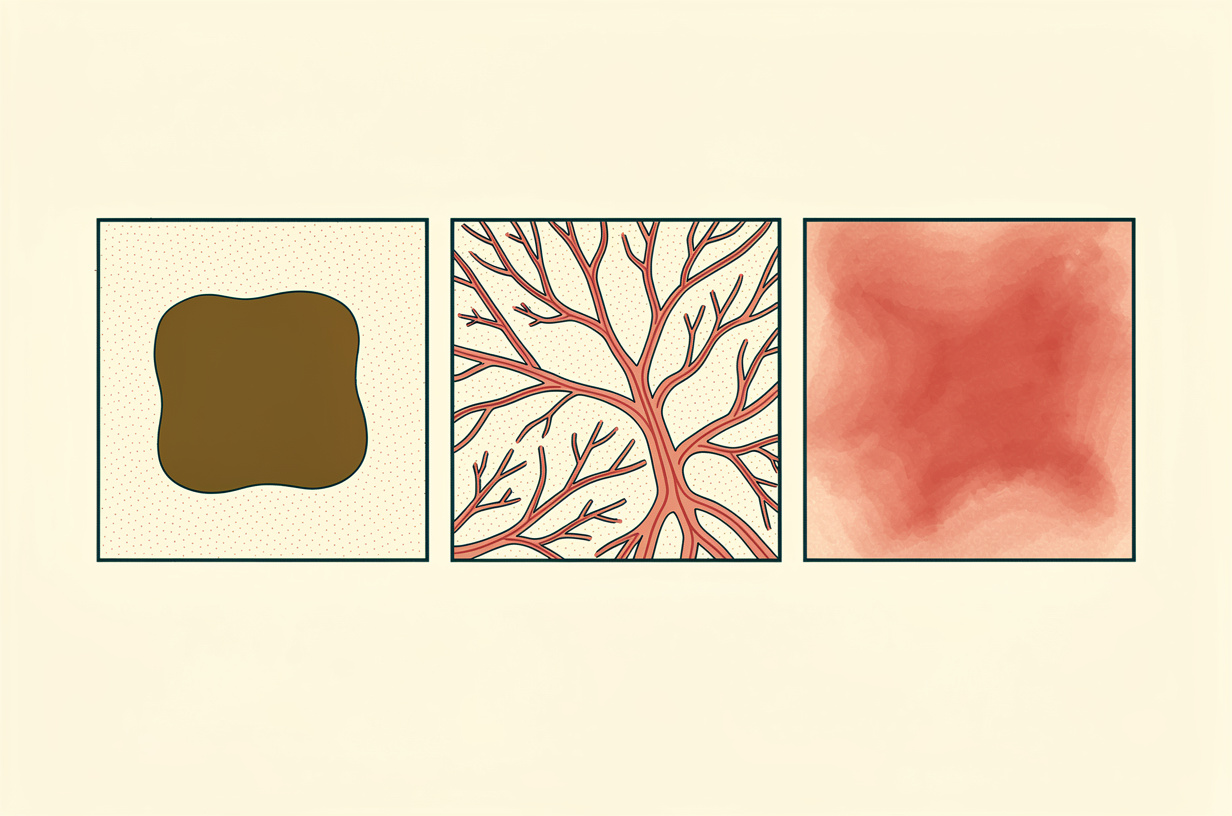 Trois carrés de peau comparés montrant une tache brune bien délimitée, un réseau de vaisseaux dilatés et une rougeur diffuse