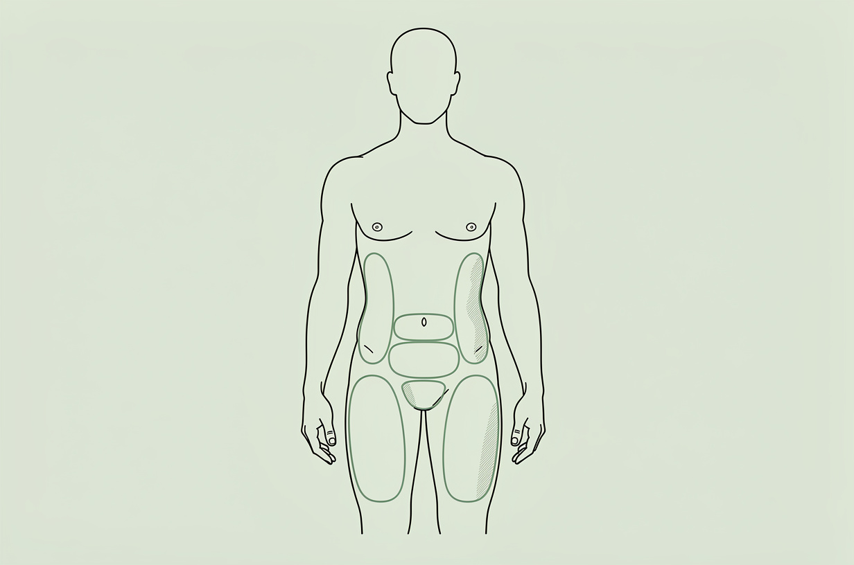 Silhouette schématique avec les zones habituellement traitées par liposuccion
