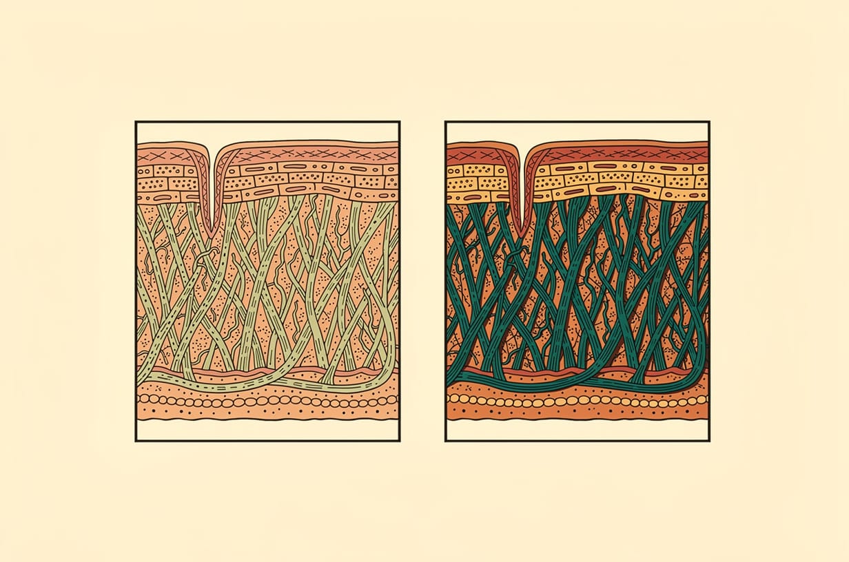 Deux coupes de peau comparées montrant des fibres de collagène longues et désorganisées puis raccourcies et contractées après stimulation thermique