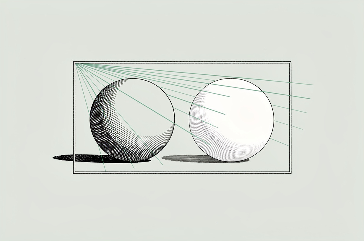 Deux sphères identiques photographiées sous deux éclairages, l’une en lumière rasante avec relief marqué, l’autre en lumière frontale douce et surface lisse