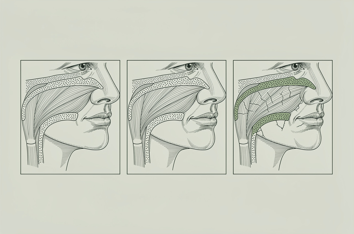 Trois coupes comparant un creux par perte de volume, un pli par descente des tissus et une ride de surface