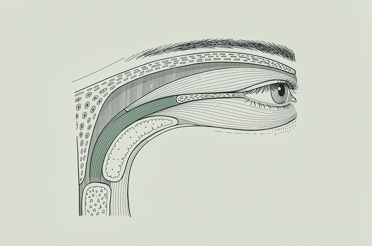 Coupe technique de la paupière inférieure et de la joue montrant la peau, le muscle, la boule graisseuse, le rebord osseux et le ligament qui crée la vallée des larmes